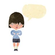 cartoon woman making Who Me? gesture with speech bubble