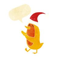 cartoon bird wearing xmas hat with speech bubble