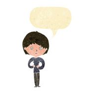 cartoon woman making Who Me? gesture with speech bubble N2