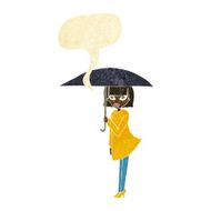 cartoon woman with umbrella speech bubble
