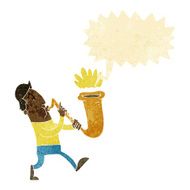 cartoon man blowing saxophone with speech bubble