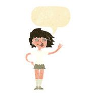 cartoon woman waving with speech bubble N7