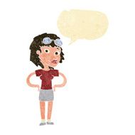 cartoon retro pilot woman with speech bubble