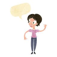 cartoon woman waving with speech bubble N8
