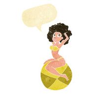 cartoon pin up girl sitting on ball with speech bubble N2