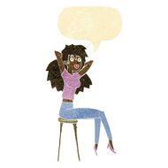 cartoon woman posing on stool with speech bubble N2
