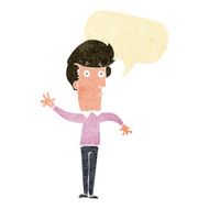 cartoon nervous man waving with speech bubble