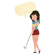 cartoon woman playing golf with speech bubble N2