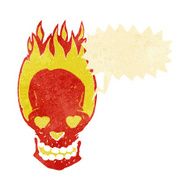 cartoon flaming skull with love heart eyes speech bubble