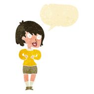 cartoon woman making Who Me? gesture with speech bubble N3