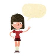 cartoon woman waving with speech bubble N12