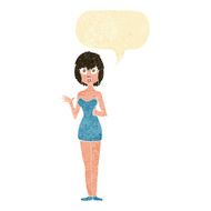 cartoon confused woman in cocktail dress with speech bubble N2