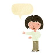 cartoon woman gesturing welcome with speech bubble
