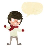 cartoon boy in winter clothes with speech bubble