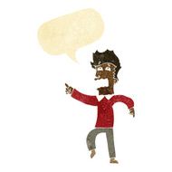 cartoon frightened man pointing with speech bubble