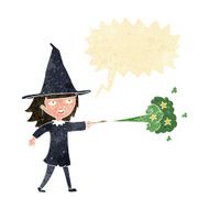 cartoon witch girl casting spell with speech bubble