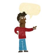 cartoon curious man pointing with speech bubble