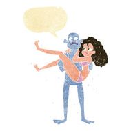 cartoon swamp monster carrying woman in bikini with speech bubbl N2