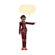 cartoon woman in leather jacket pointing with speech bubble