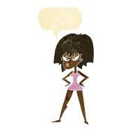 cartoon angry woman in dress with speech bubble