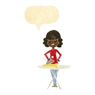 cartoon woman ironing with speech bubble
