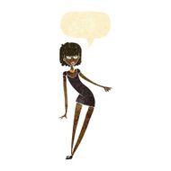 cartoon woman in dress leaning with speech bubble