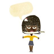 cartoon woman with knife between teeth speech bubble