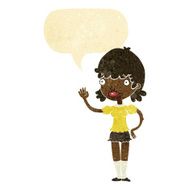 cartoon waving woman with speech bubble N6