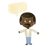 cartoon mustache man with open arms speech bubble