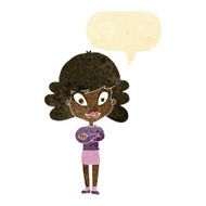 cartoon happy woman with folded arms speech bubble