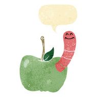 cartoon apple with worm speech bubble