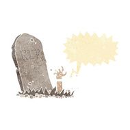 cartoon zombie rising from grave with speech bubble