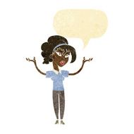 cartoon woman raising hands in air with speech bubble N2