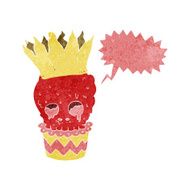 spooky skull cupcake cartoon with speech bubble