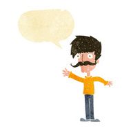 cartoon waving mustache man with speech bubble