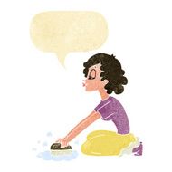 cartoon woman scrubbing floor with speech bubble