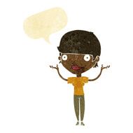 cartoon woman holding arms in air with speech bubble