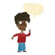 cartoon man giving peace sign with speech bubble