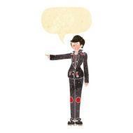 cartoon woman in leather jacket pointing with speech bubble N2