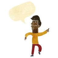 cartoon worried man pointing with speech bubble