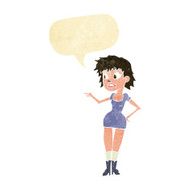 cartoon worried woman in dress pointing with speech bubble N2
