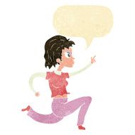 cartoon woman running and pointing with speech bubble N2