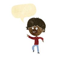cartoon happy pointing man with speech bubble
