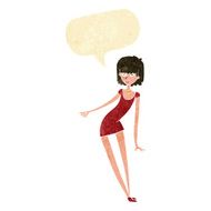 cartoon woman in dress leaning with speech bubble N2