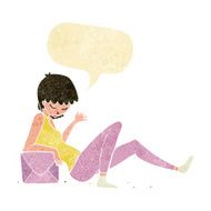 cartoon woman leaning on package box with speech bubble N2