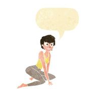 cartoon happy woman sitting on floor with speech bubble N2