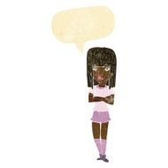 cartoon girl with crossed arms speech bubble