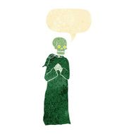 cartoon skeleton in black robe with speech bubble