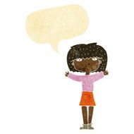 cartoon woman raising arms in air with speech bubble