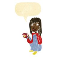 cartoon woman sitting with cup of coffee speech bubble N2